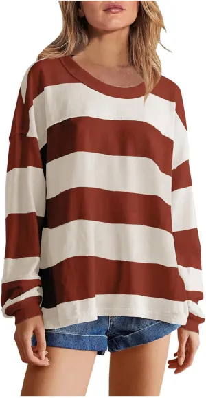Women's Striped Sweatshirt Long Sleeve Shirts Crewneck Oversized Casual Pullover Top 2024 Fall Fashion Outfits Clothes
