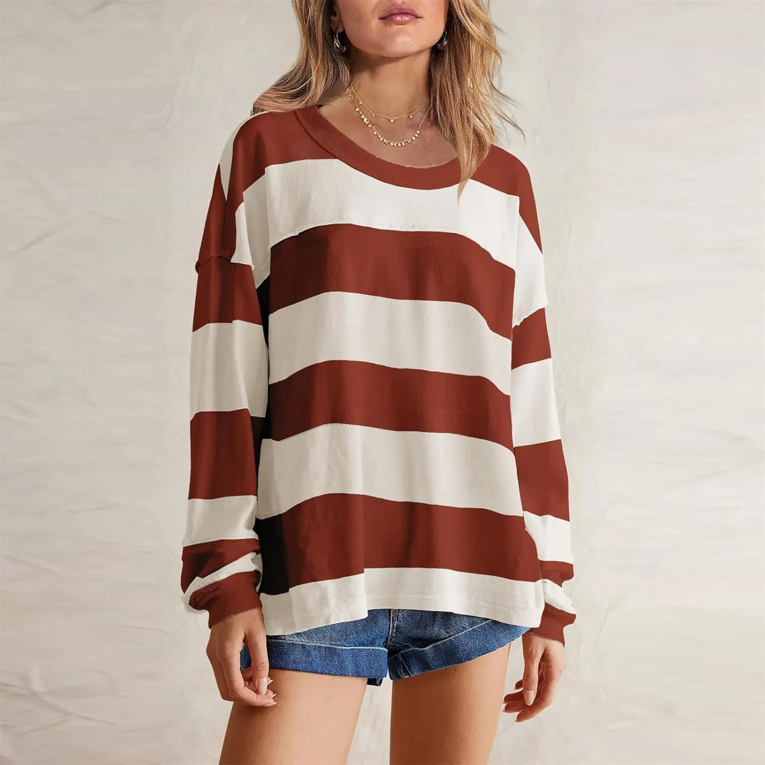 Women's Striped Sweatshirt Long Sleeve Shirts Crewneck Oversized Casual Pullover Top 2024 Fall Fashion Outfits Clothes