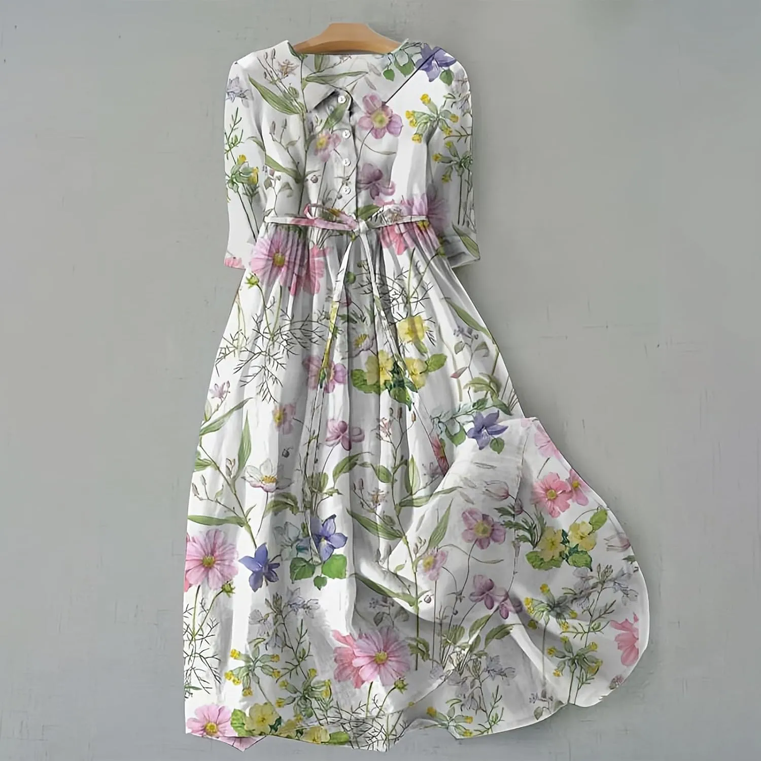 Womens Summer Dresses Boho Floral Lapel Neck Button Casual A-Line Lace-Up Dress Cruise Outfits 2024 Blue Dresses