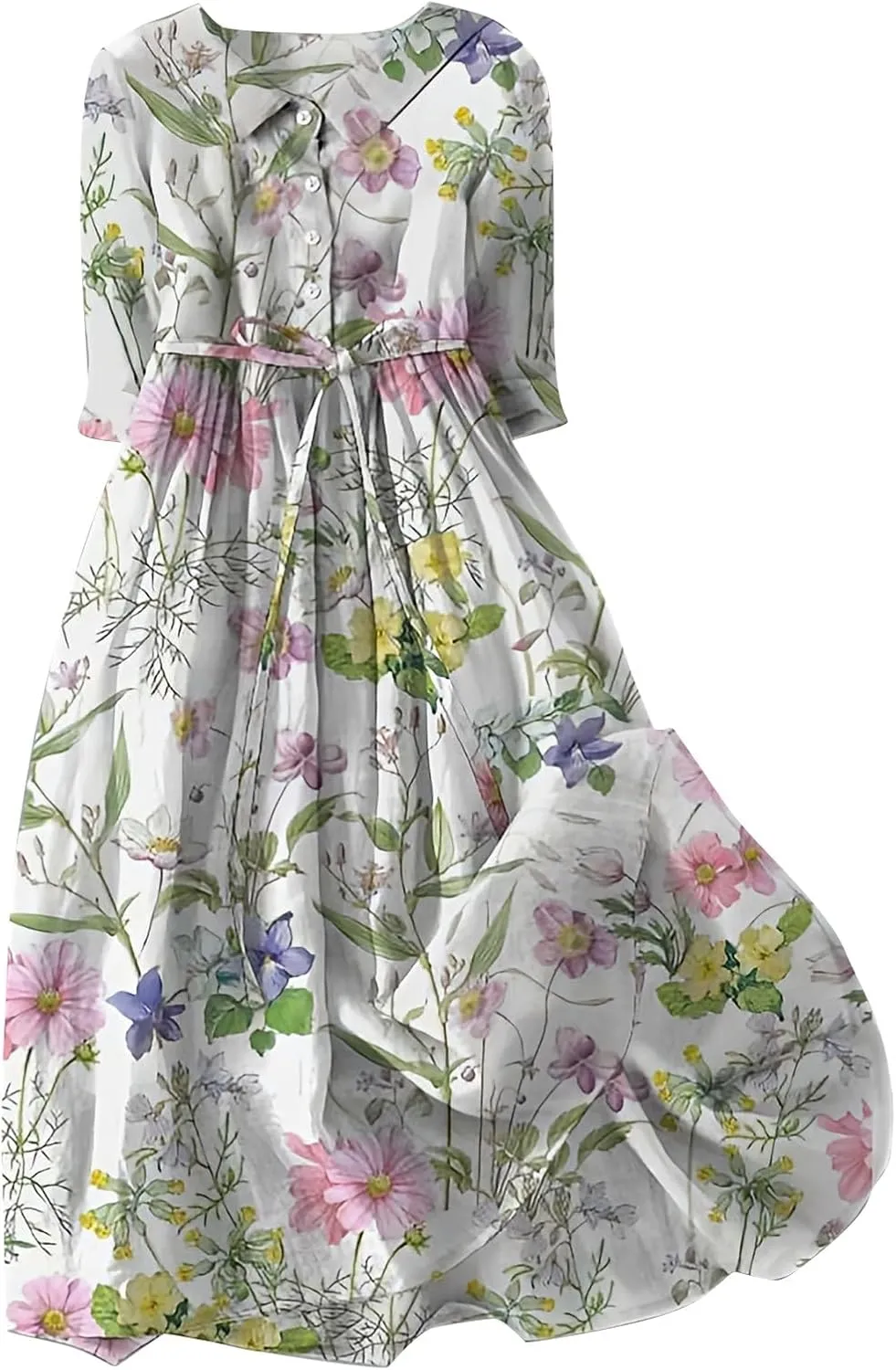 Womens Summer Dresses Boho Floral Lapel Neck Button Casual A-Line Lace-Up Dress Cruise Outfits 2024 Blue Dresses