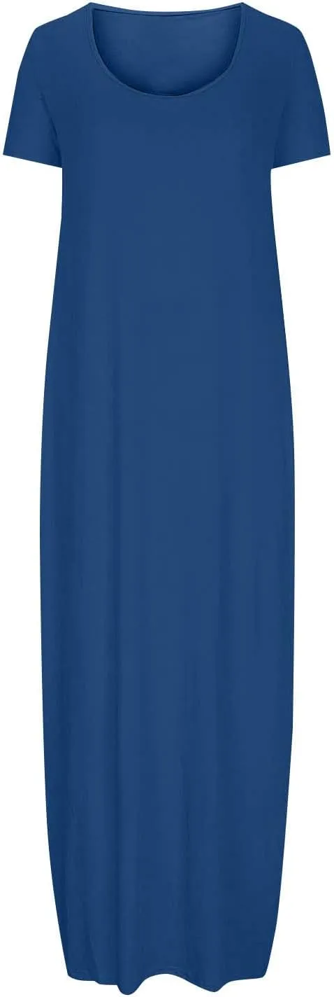 Womens Summer Maxi Dresses Fashion Solid Color Cap Sleeves Crewneck Plus Size Loose Comfy Long Beach Sundress