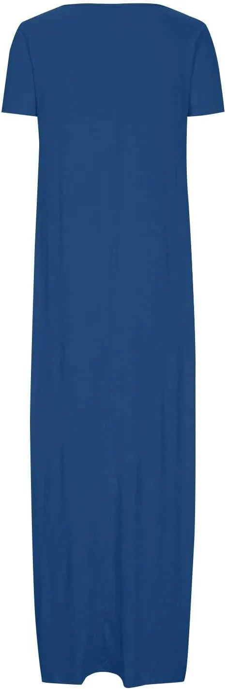 Womens Summer Maxi Dresses Fashion Solid Color Cap Sleeves Crewneck Plus Size Loose Comfy Long Beach Sundress