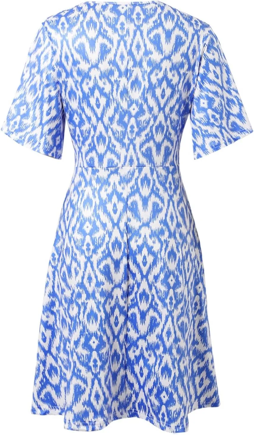 Womens Sundress Summer Casual Floral Short Sleeve Wrap V Neck A-Line Midi Dress Vacation Beach Dresses
