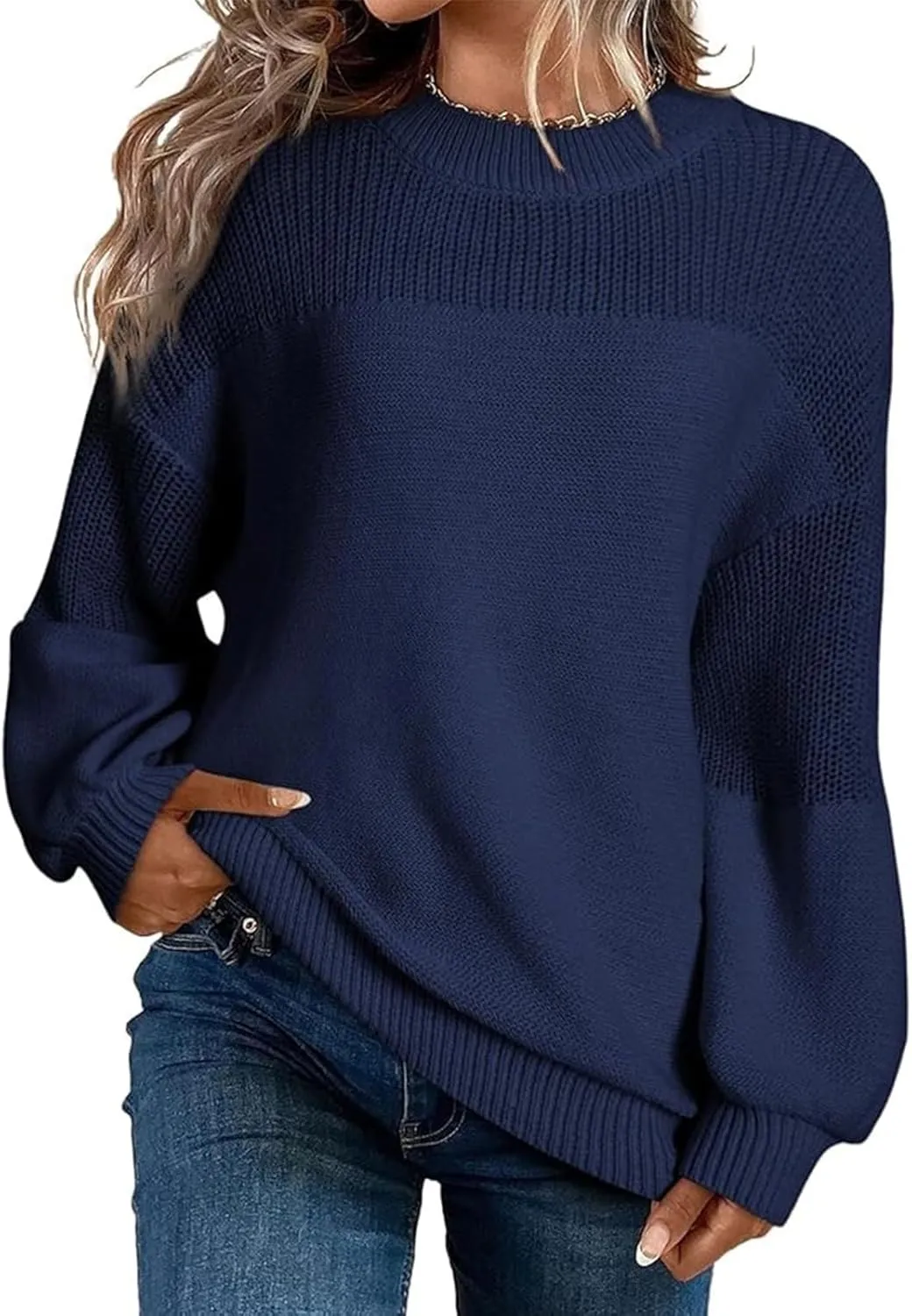 Womens Sweaters Crewneck Cable Knit Long Sleeve Pullover Sweaters Loose Casual Solid Color Jumper Tops S-XXL