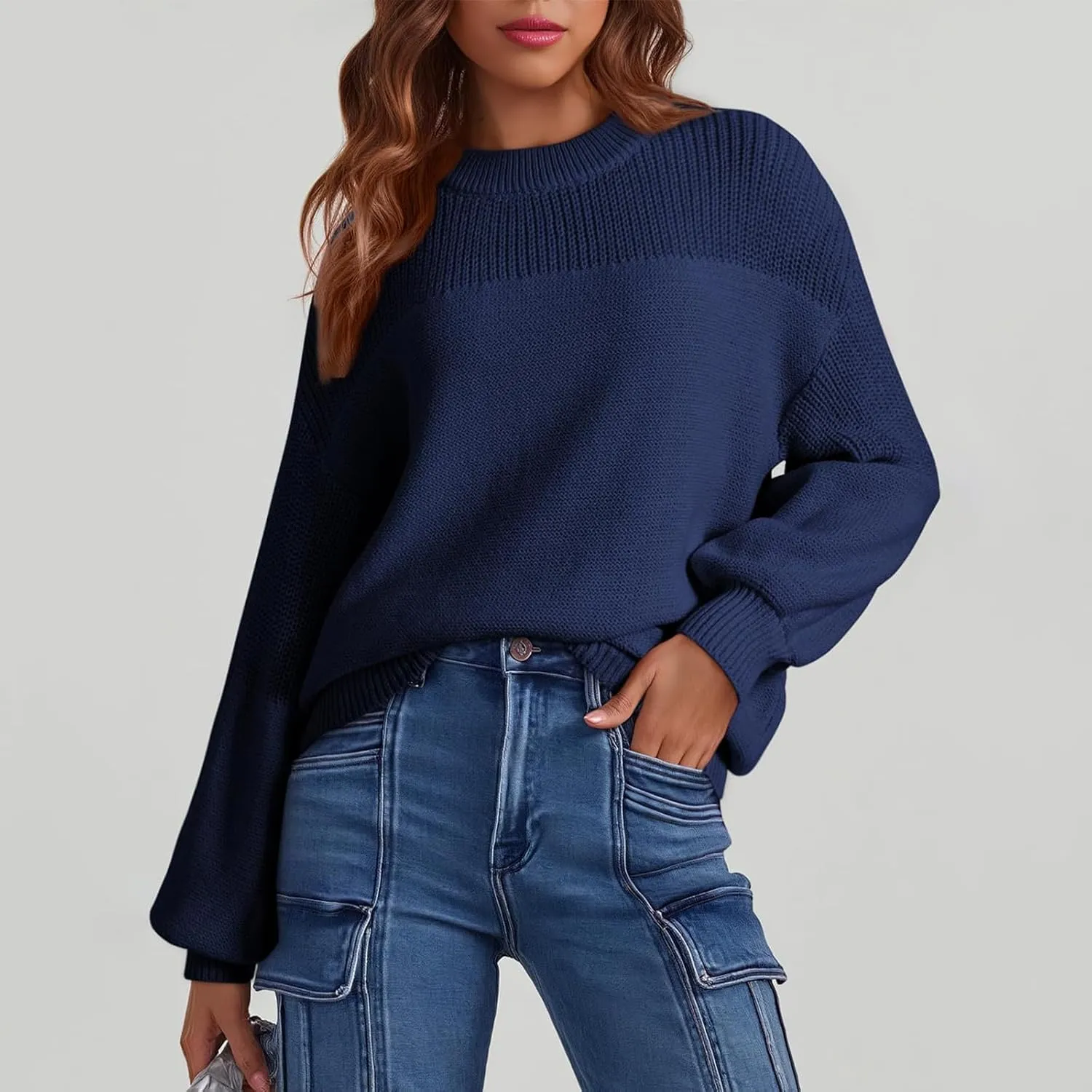 Womens Sweaters Crewneck Cable Knit Long Sleeve Pullover Sweaters Loose Casual Solid Color Jumper Tops S-XXL