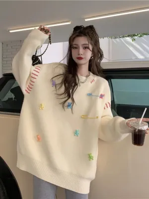 Womens Sweaters Kawaii Bear Oversized Sweater Vintage Harajuku Crewneck Pullover Sweatshirt Aesthetic Fall Sweaters