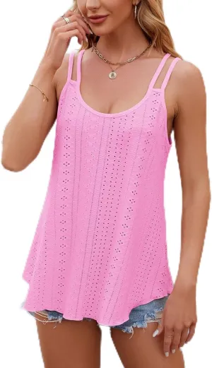 Womens Tank Tops Eyelet Embroidery Sleeveless Spaghetti Strap Tops Scoop Neck Loose Casual Summer Beach Flowy Shirts