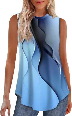 Women's Tees and Tanks Gradient Crewncek Tank Tops Summer Trendy Sleeveless T Shirts Loose Fit Flowy Holiday Shirt