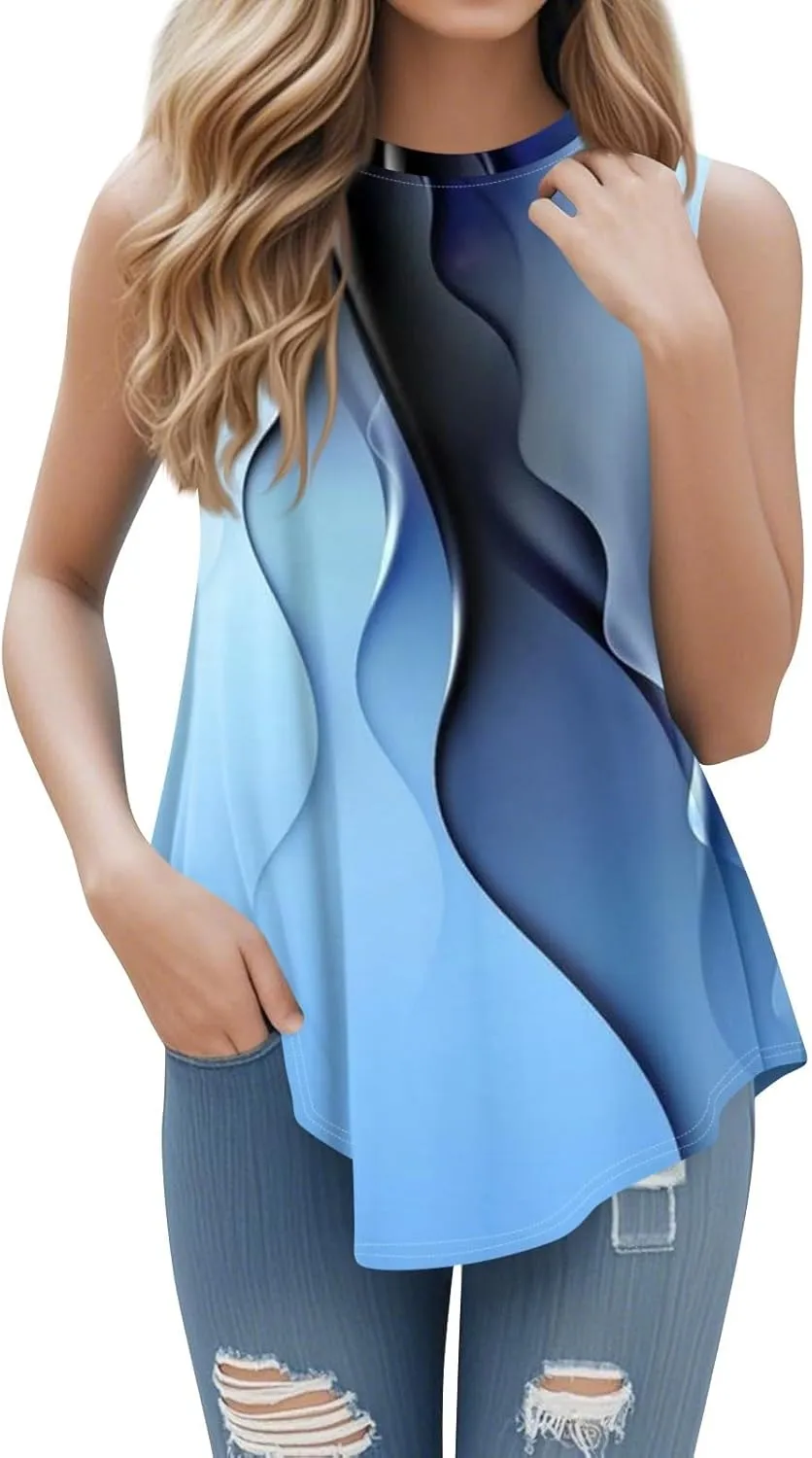 Women's Tees and Tanks Gradient Crewncek Tank Tops Summer Trendy Sleeveless T Shirts Loose Fit Flowy Holiday Shirt