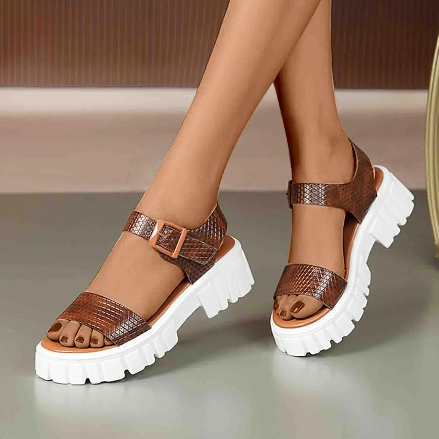 Women's Thick Strappy Chunky Sandal Hook and Eye Solid Platform Shoe Open Toe Slingback Sandals Summer Spring Shoes