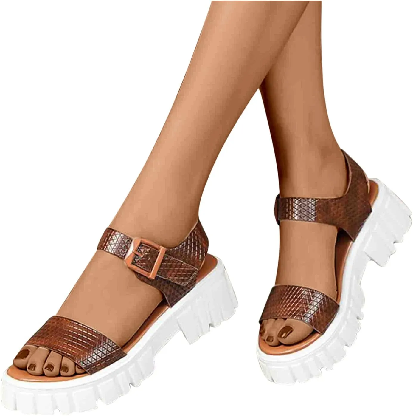 Women's Thick Strappy Chunky Sandal Hook and Eye Solid Platform Shoe Open Toe Slingback Sandals Summer Spring Shoes