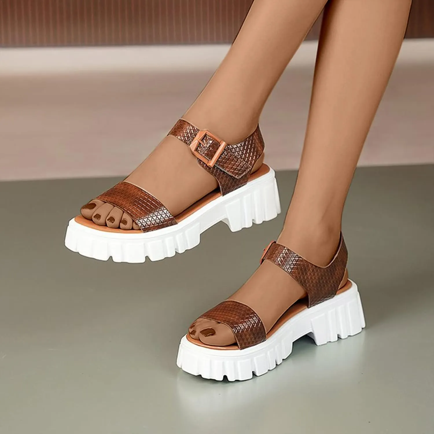 Women's Thick Strappy Chunky Sandal Hook and Eye Solid Platform Shoe Open Toe Slingback Sandals Summer Spring Shoes