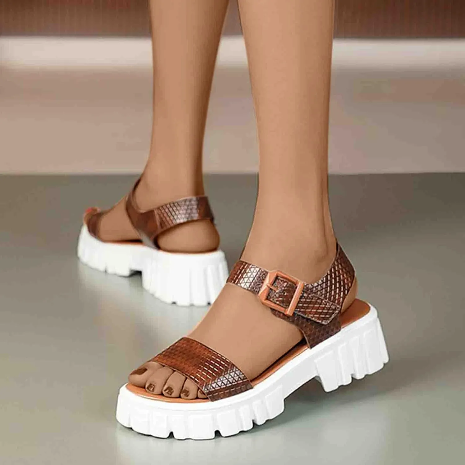Women's Thick Strappy Chunky Sandal Hook and Eye Solid Platform Shoe Open Toe Slingback Sandals Summer Spring Shoes