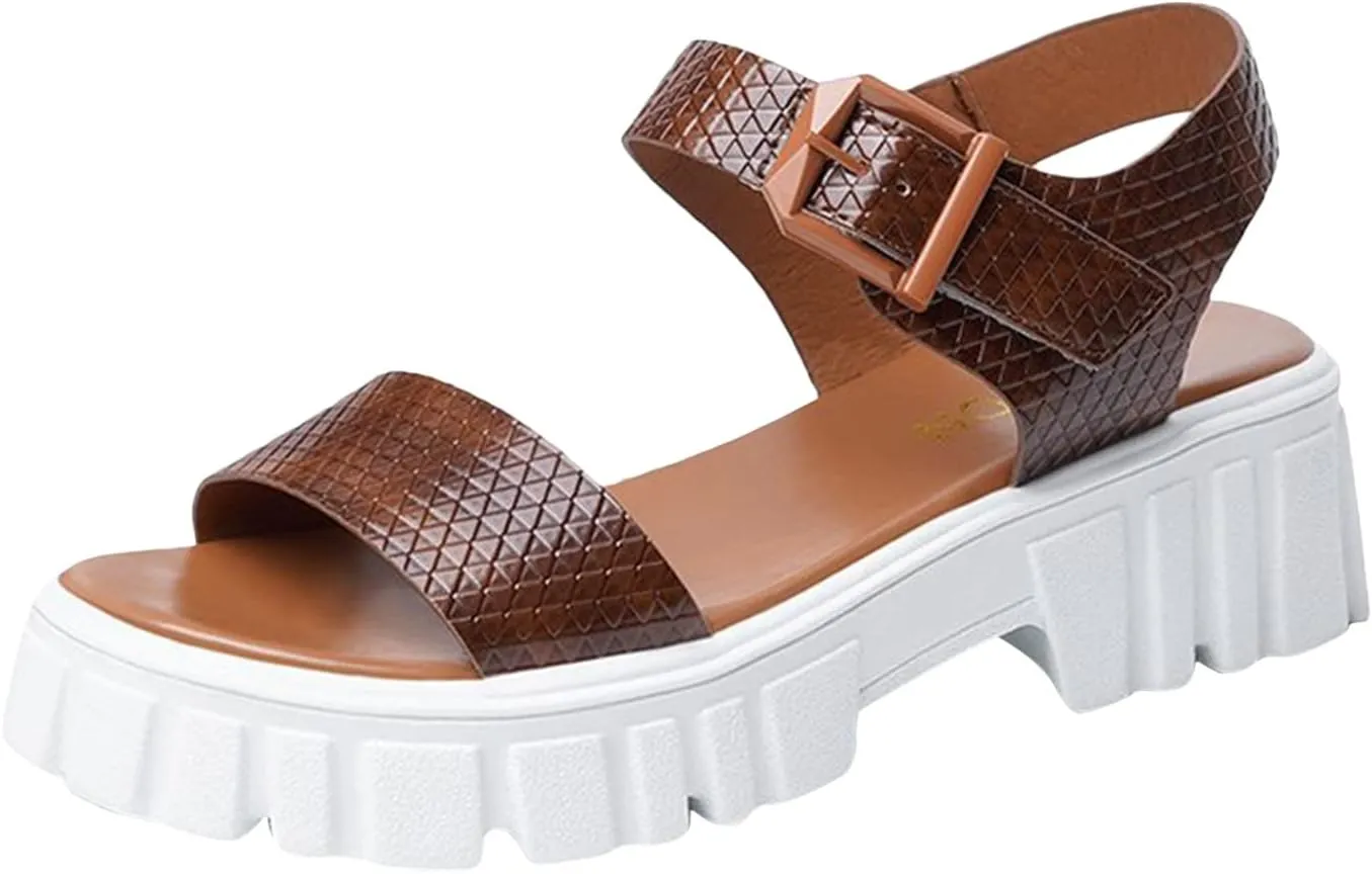 Women's Thick Strappy Chunky Sandal Hook and Eye Solid Platform Shoe Open Toe Slingback Sandals Summer Spring Shoes