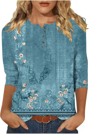 Womens Tops Casual 3/4 Sleeve Shirts Button Down V Neck Tunic Tshirts Summer Vintage Floral Print Henley Blouses Tee