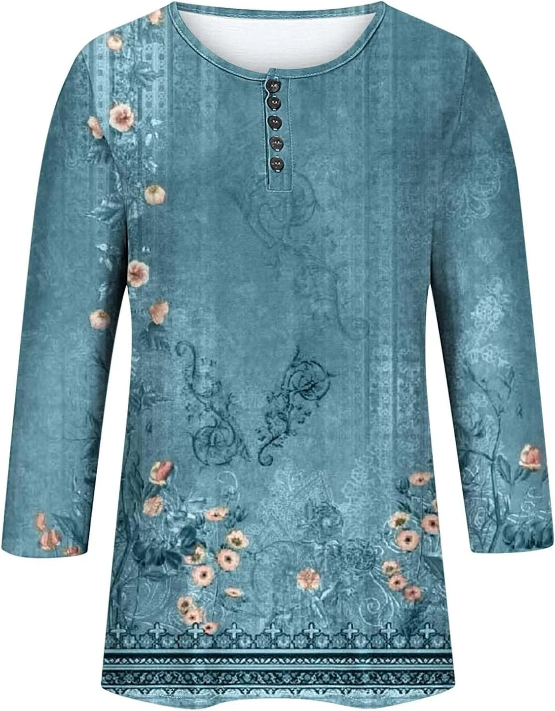 Womens Tops Casual 3/4 Sleeve Shirts Button Down V Neck Tunic Tshirts Summer Vintage Floral Print Henley Blouses Tee