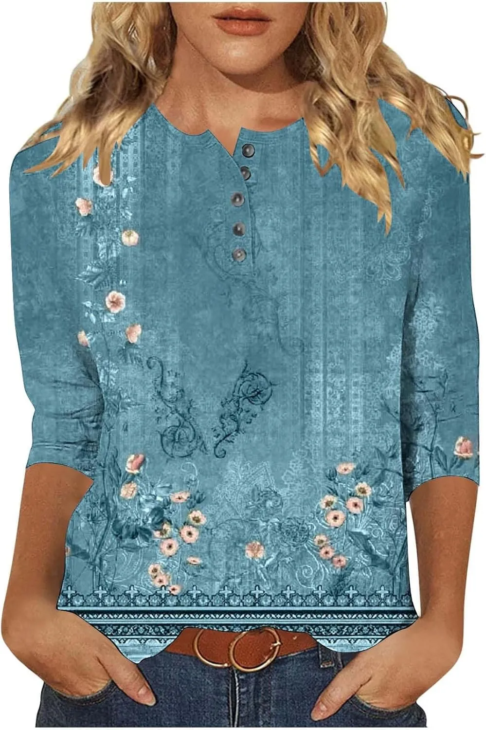 Womens Tops Casual 3/4 Sleeve Shirts Button Down V Neck Tunic Tshirts Summer Vintage Floral Print Henley Blouses Tee