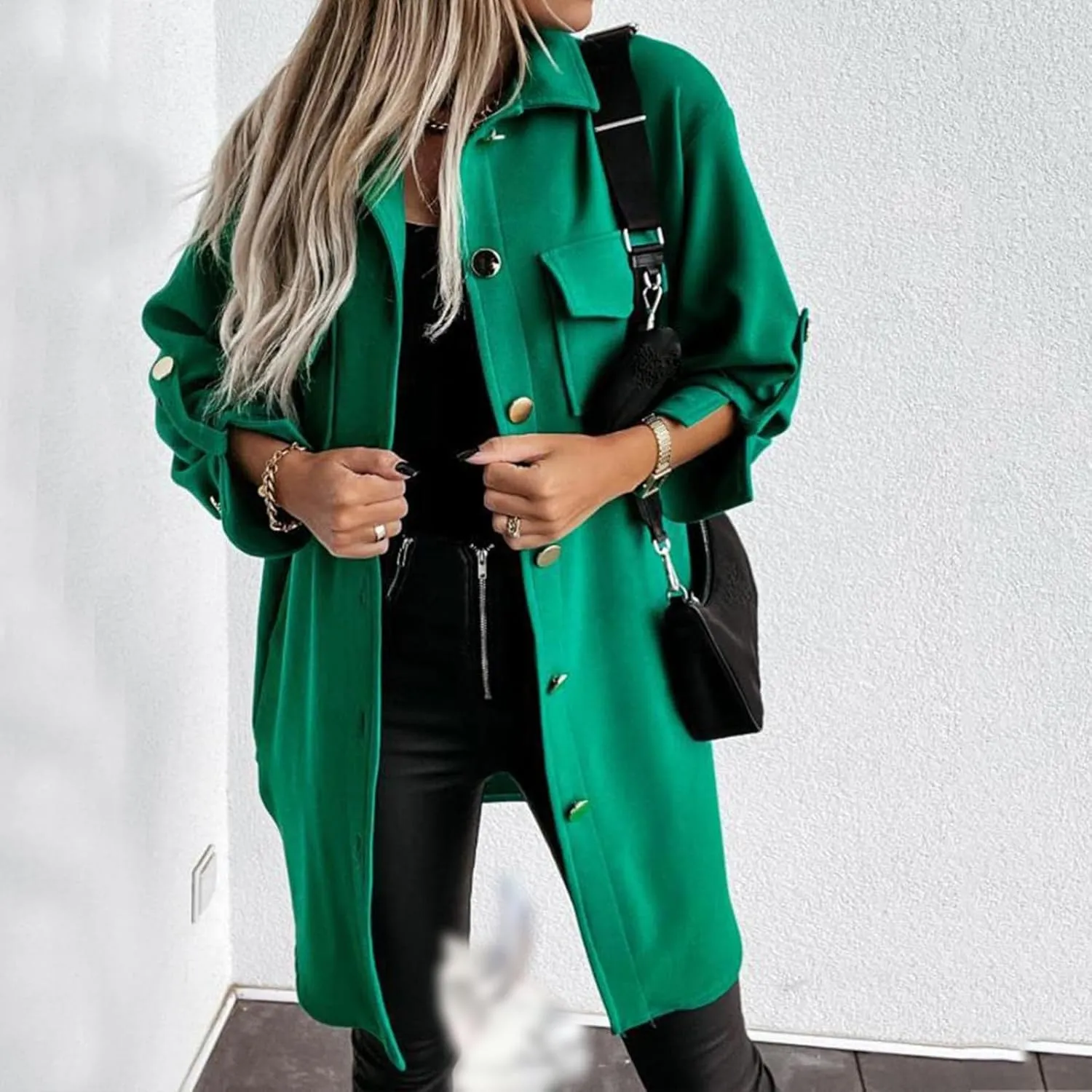 Womens Trench Coat Casual Long Sleeve Mid Length Pea Coats Fall Button Down Lapel Jacket Coats Outwear with Pocket