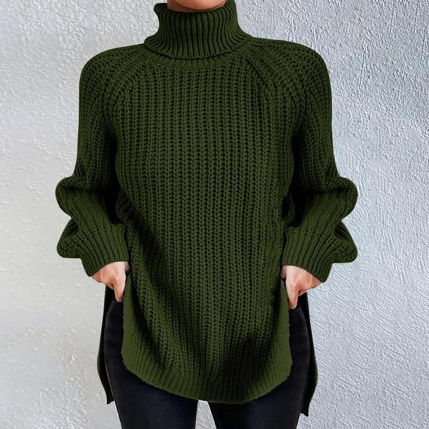 Women's Turtleneck Pullover Sweaters 2024 Slouchy Ribbed Knit Chunky Sweater Fall Winter Soft Classic Tops