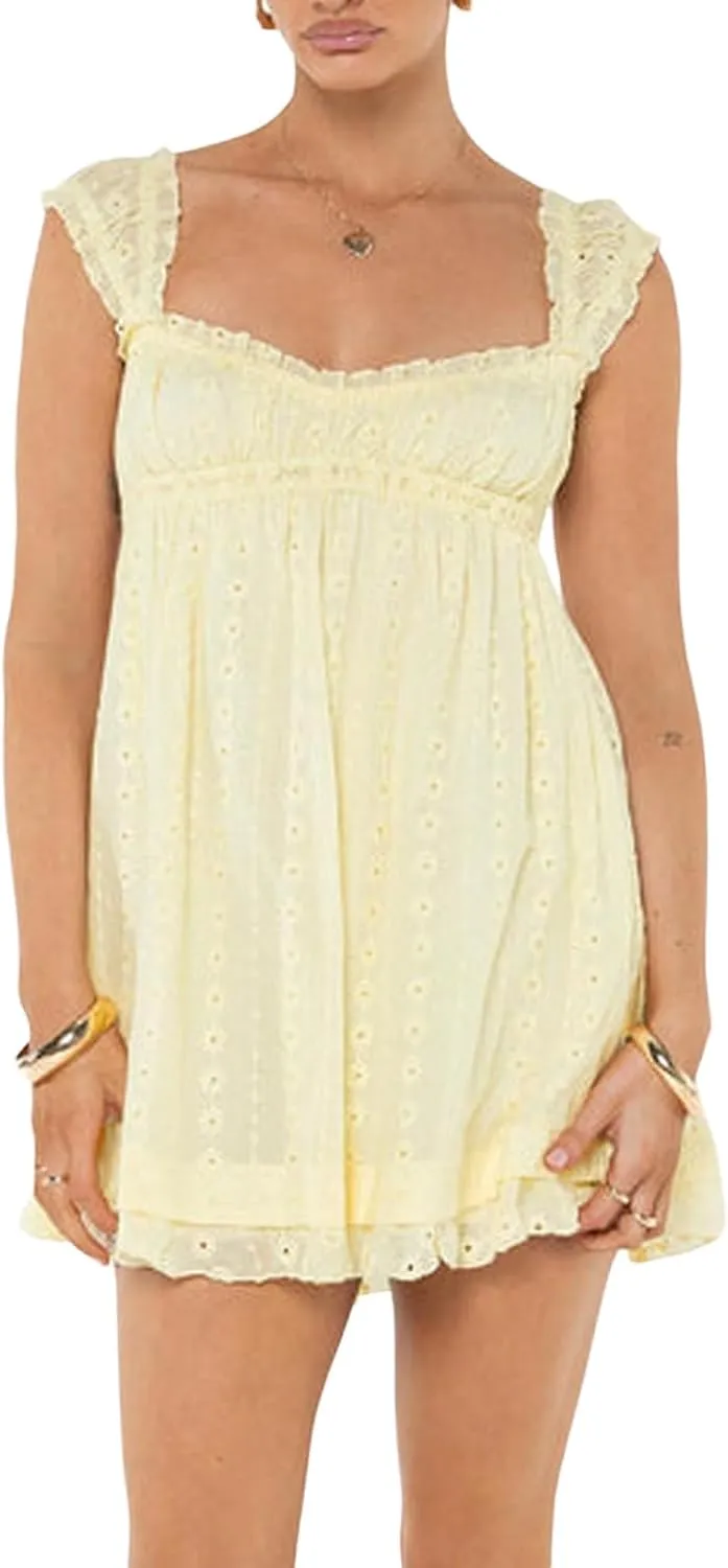Women's Y2K Babydoll Mini Dress Fairy Vintage Square Neck Ruffle Sweet Party Dresses A Line Swing Princess Sundress