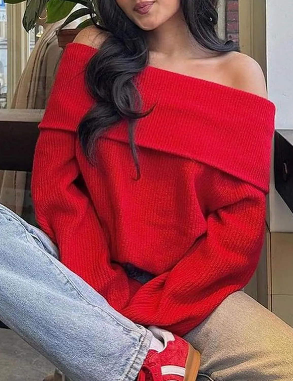 Wyeysyt Womens Off The Shoulder Sweaters Knit Oversized Pullover Sweaters Chunky Long Sleeve Pullover Tops