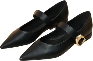 Zeberfi Women's Leather Mary Jane Flats with Buckle Strap Fashion Closed Pointed Toe Shallow Mouth Slip On Work Shoes Comfortable Luxury Business Wedding Dress Shoes