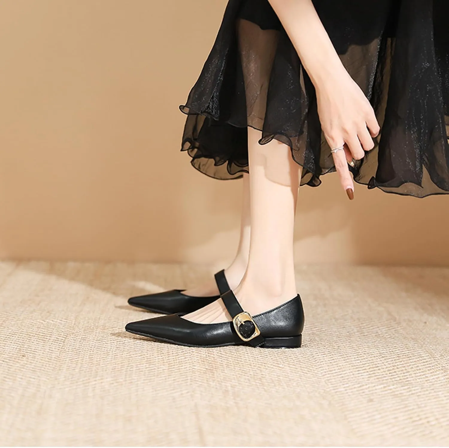 Zeberfi Women's Leather Mary Jane Flats with Buckle Strap Fashion Closed Pointed Toe Shallow Mouth Slip On Work Shoes Comfortable Luxury Business Wedding Dress Shoes