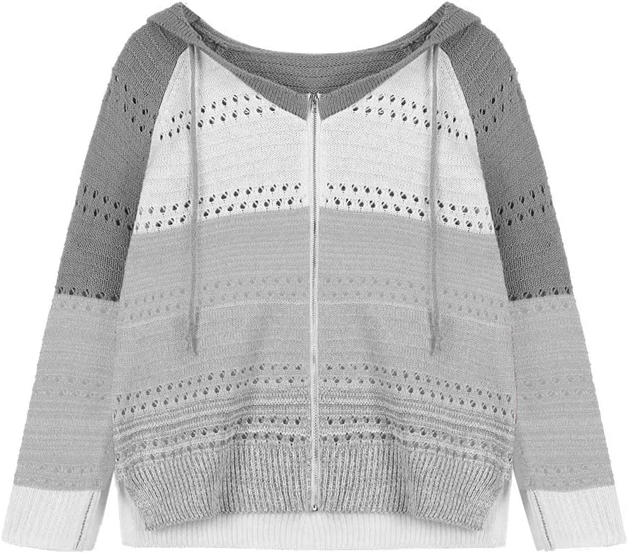 Zip up Hoodies for Women Casual Color Block Striped Tops Long Sleeve Hollow Out Knit Sweater Sweatshirts