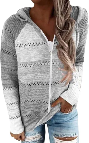 Zip up Hoodies for Women Casual Color Block Striped Tops Long Sleeve Hollow Out Knit Sweater Sweatshirts