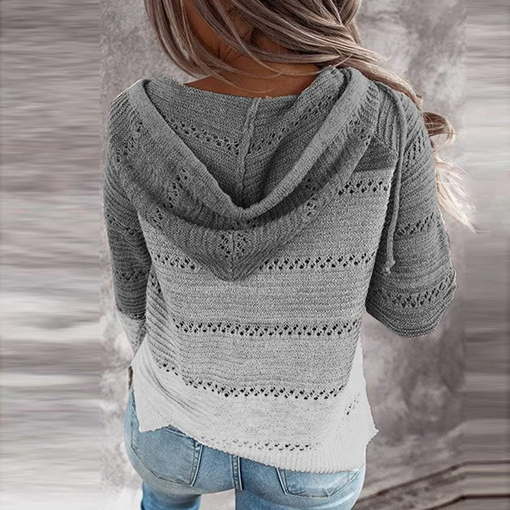 Zip up Hoodies for Women Casual Color Block Striped Tops Long Sleeve Hollow Out Knit Sweater Sweatshirts
