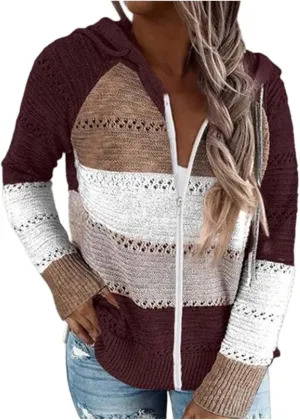Zip up Hoodies for Women Casual Color Block Striped Tops Long Sleeve Hollow Out Knit Sweater Sweatshirts